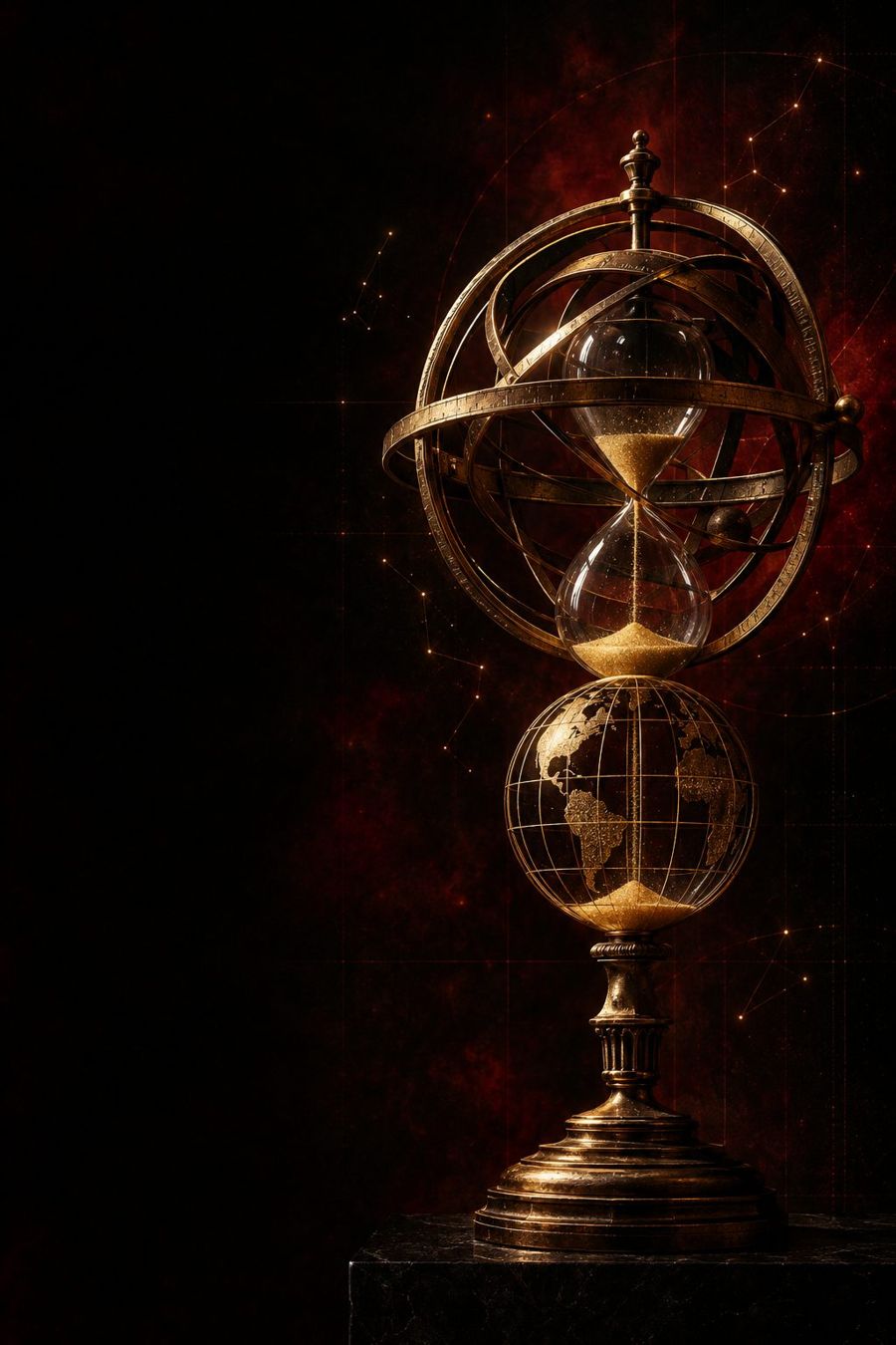 Brass armillary sphere holding an hourglass and a gold-lined globe, sand falling between them
